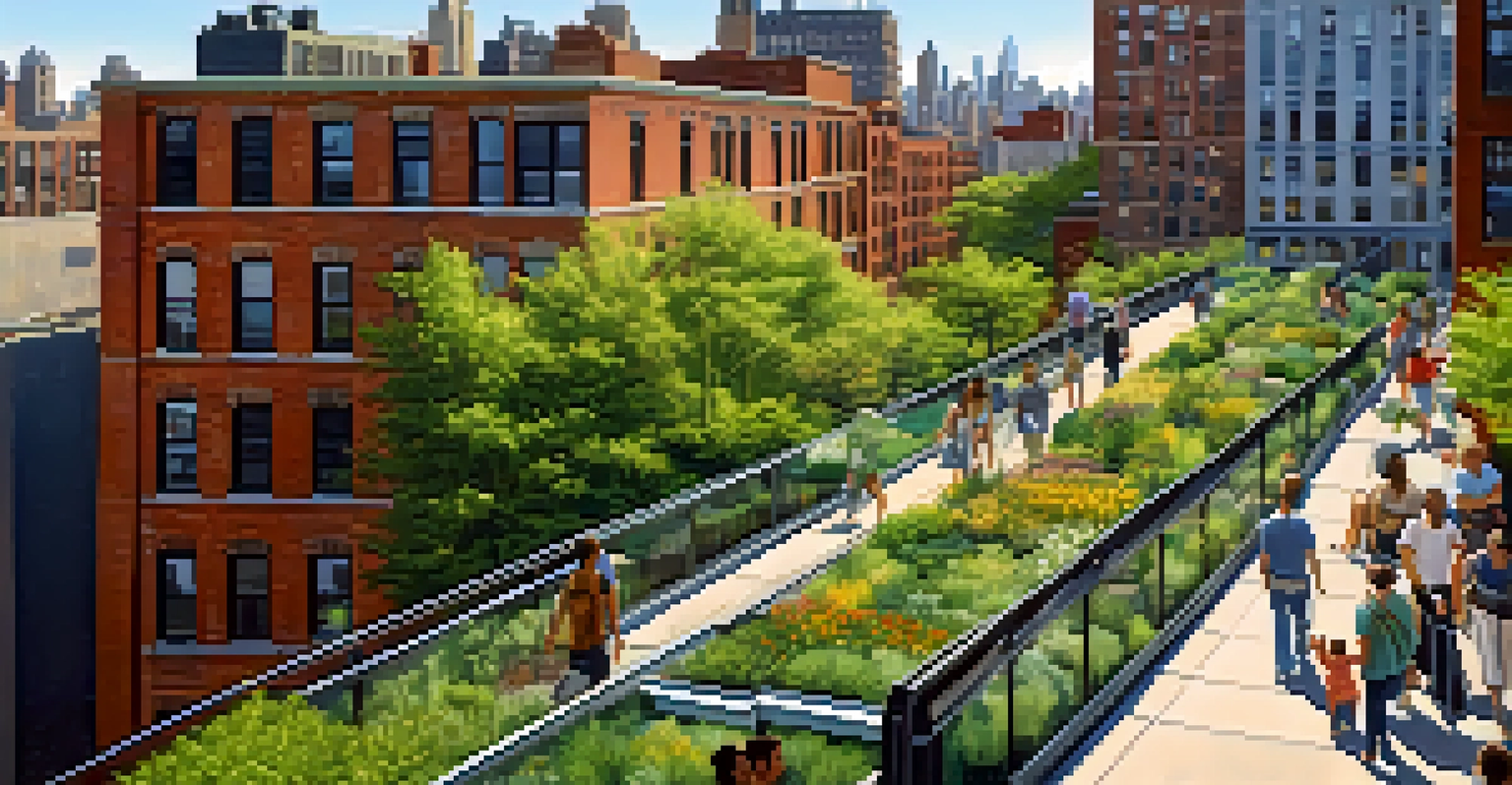 Aerial view of the High Line park in New York City, showcasing greenery with people and city skyline in the background.