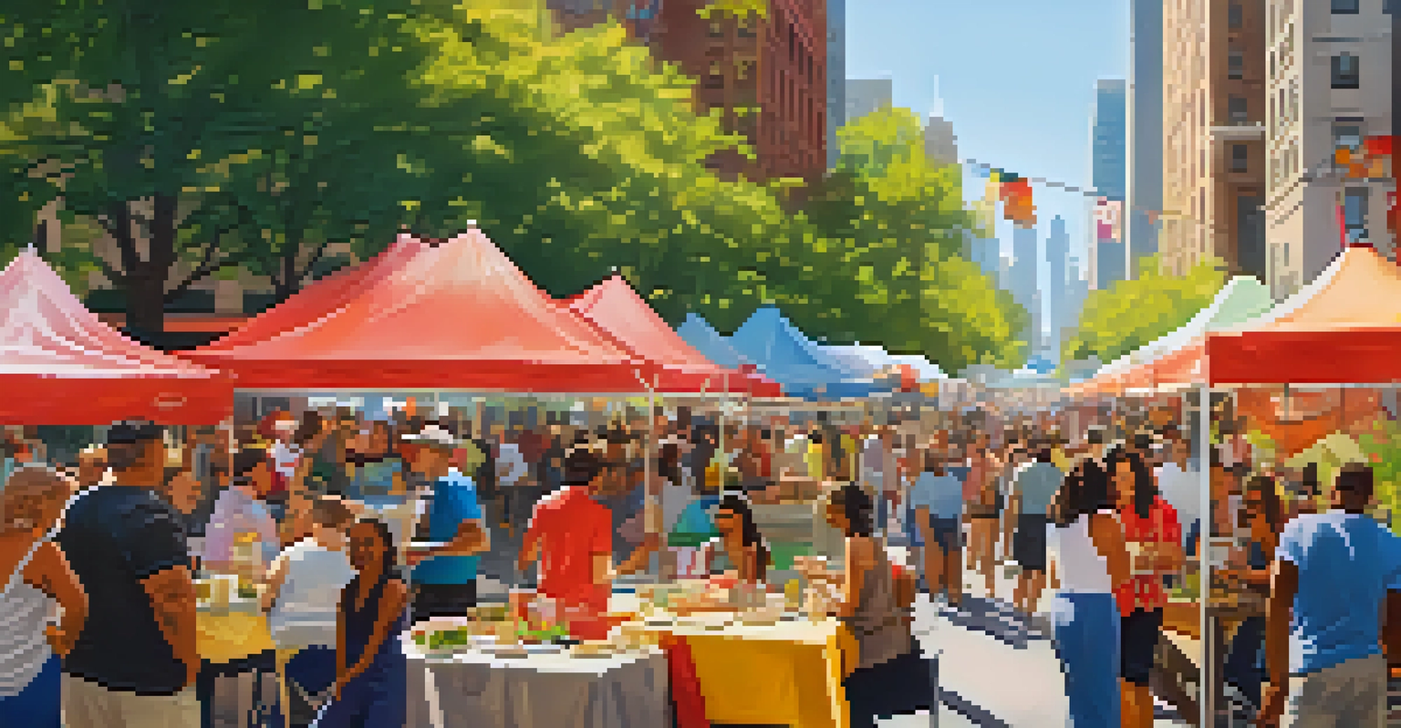 A food festival in New York City with diverse food trucks and people enjoying multicultural cuisine.