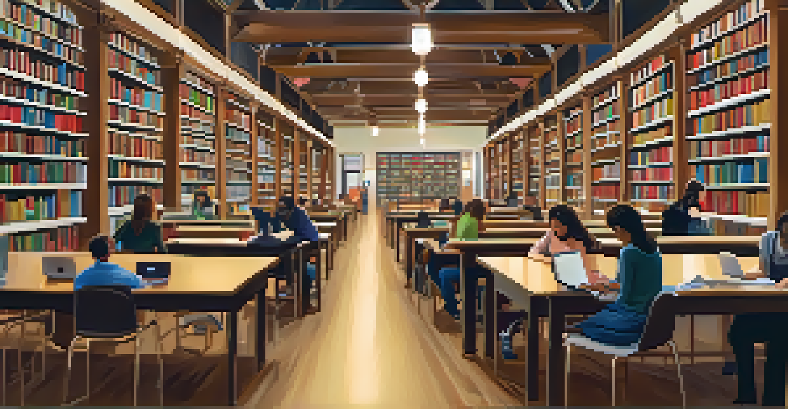 Students in a warm library environment, reading and studying among shelves of books.
