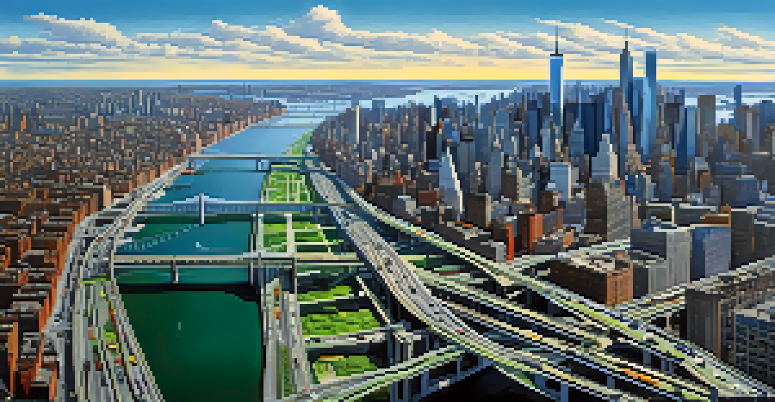 An aerial view of New York's transportation infrastructure, featuring highways, bridges, and railways against the Manhattan skyline.