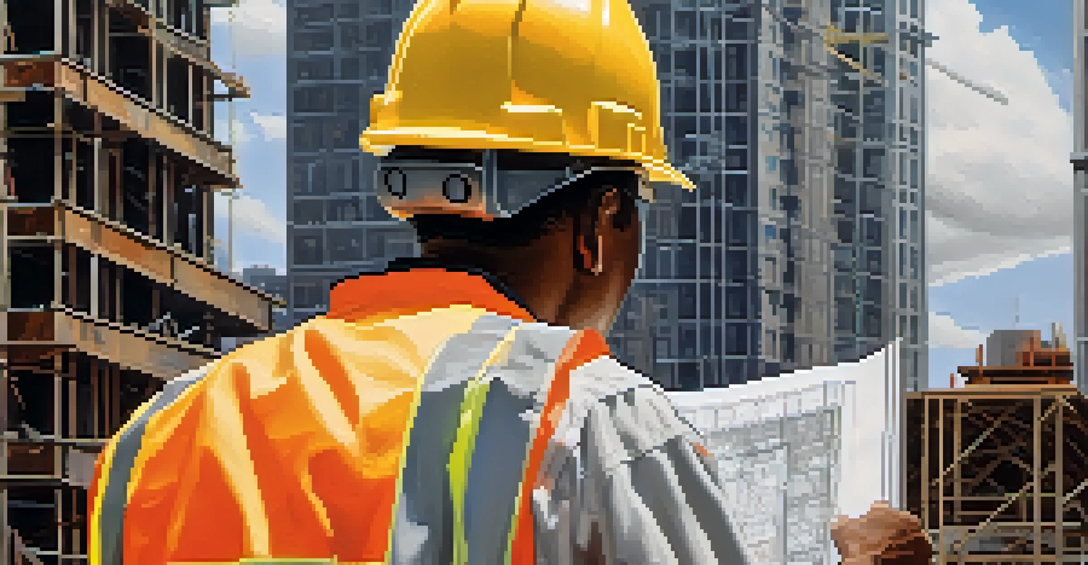 A construction worker reviewing blueprints at a New York City construction site with cranes in the background.
