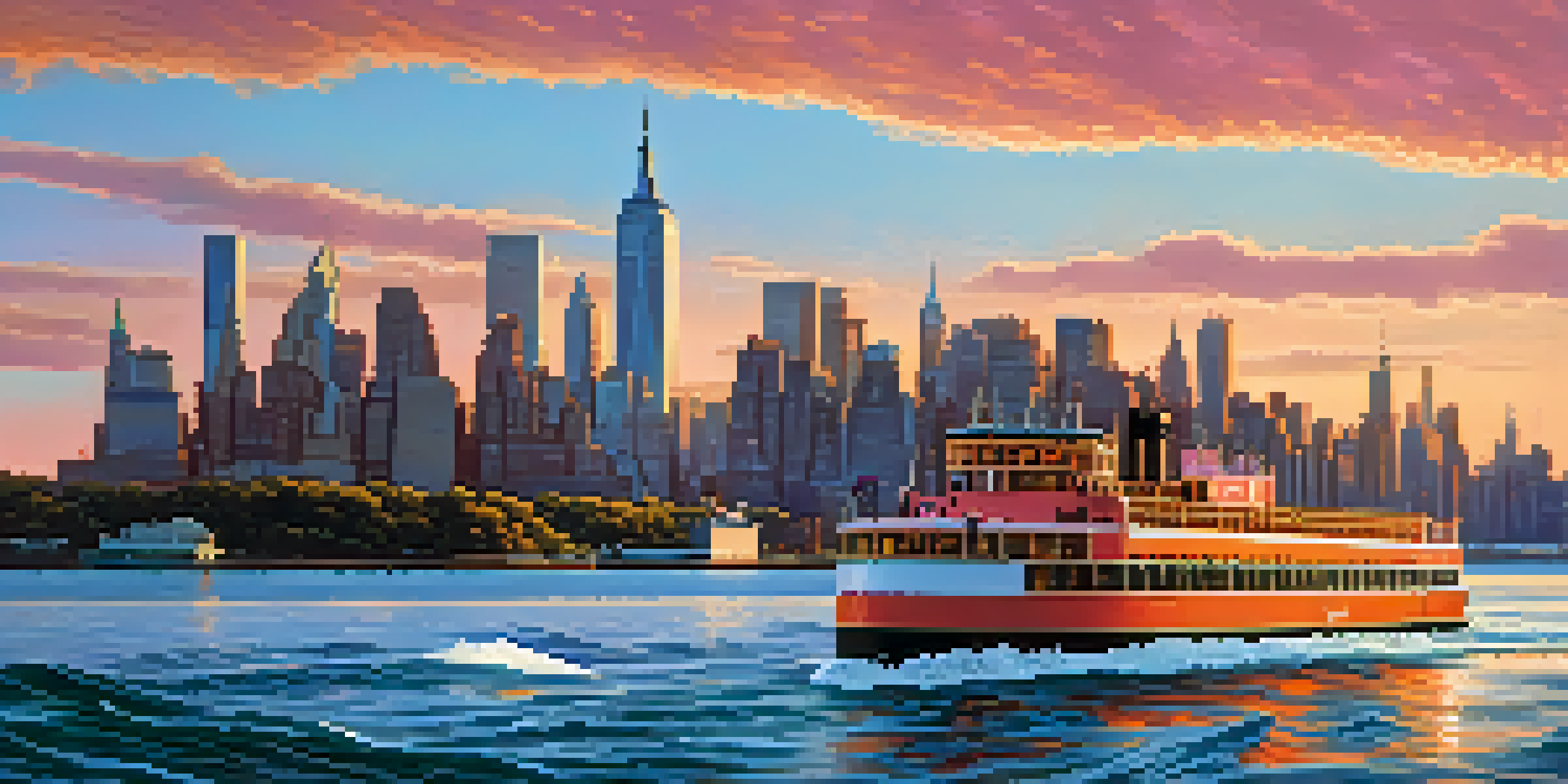A New York City ferry on the water with the Manhattan skyline and Statue of Liberty in the background during sunset.