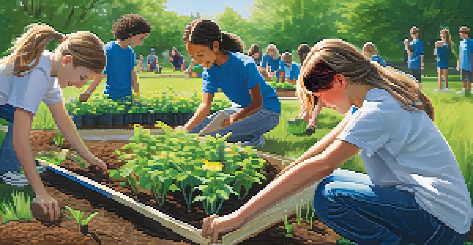 Middle school students planting a garden in a park, demonstrating teamwork and community service.