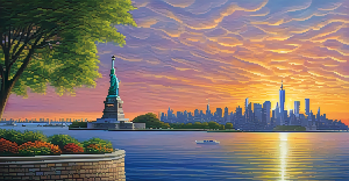 A view of the Statue of Liberty with the New York skyline at sunset, showcasing vibrant colors and illuminated surroundings.