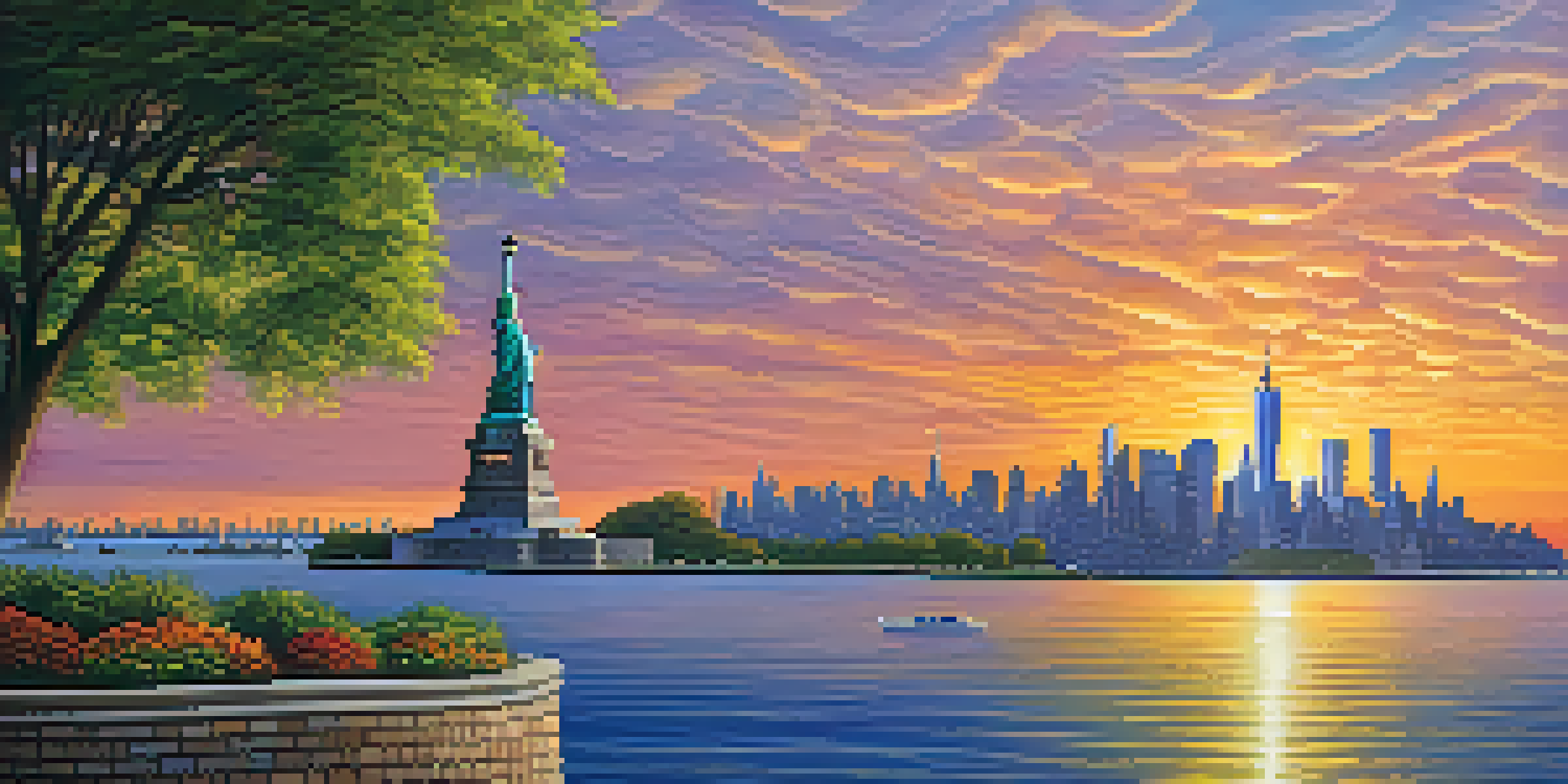 A view of the Statue of Liberty with the New York skyline at sunset, showcasing vibrant colors and illuminated surroundings.