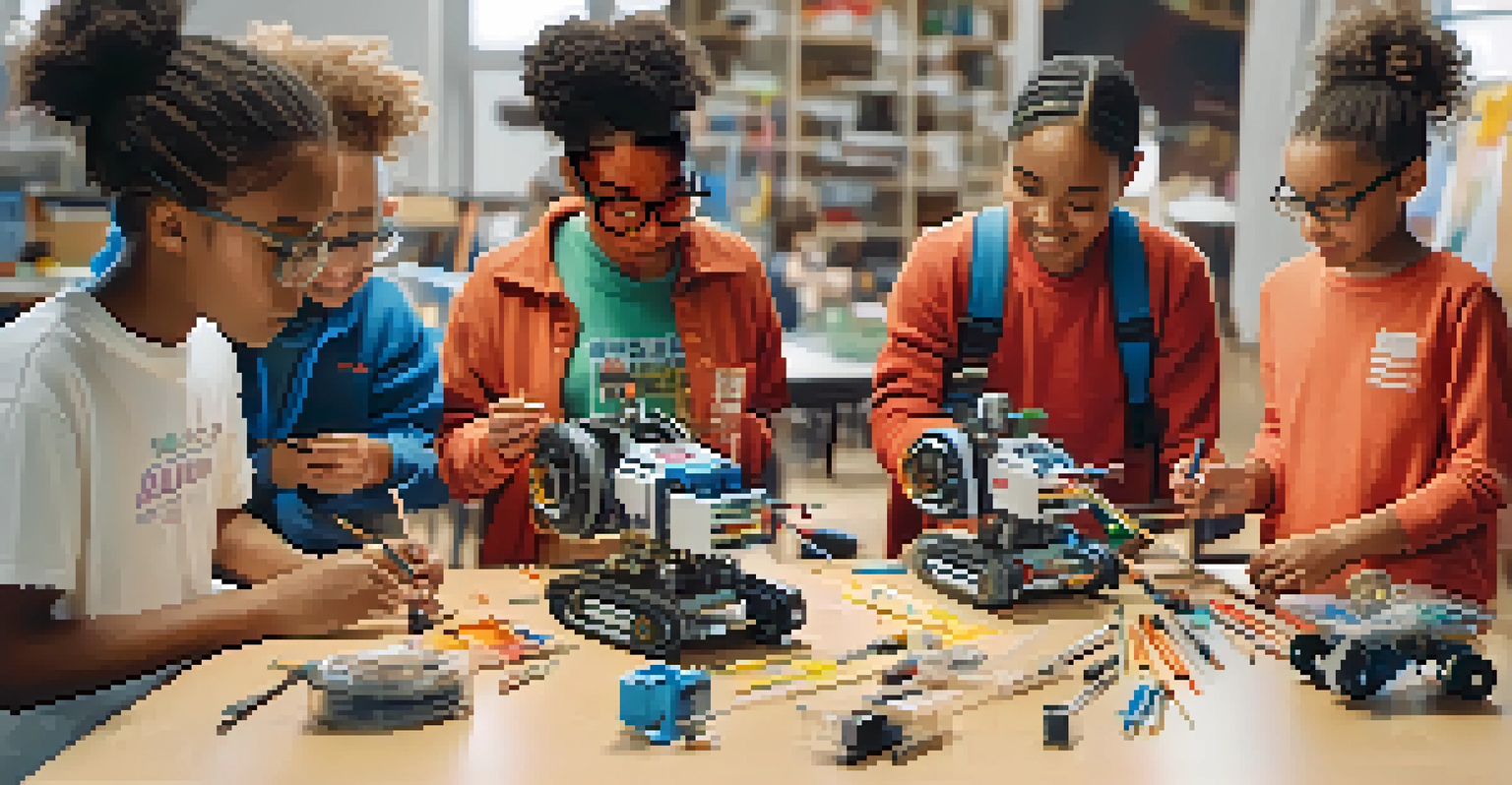 Students working together on a STEM project, building a robot, with tools and materials around them in a bright workshop.