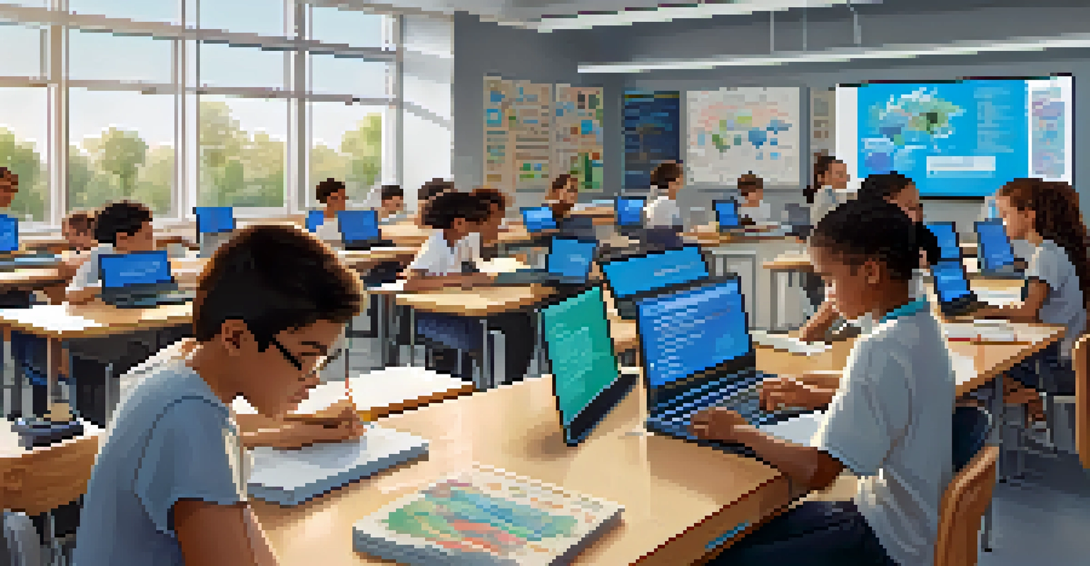 A modern classroom where diverse students learn coding with laptops and a teacher assisting them, filled with natural light.