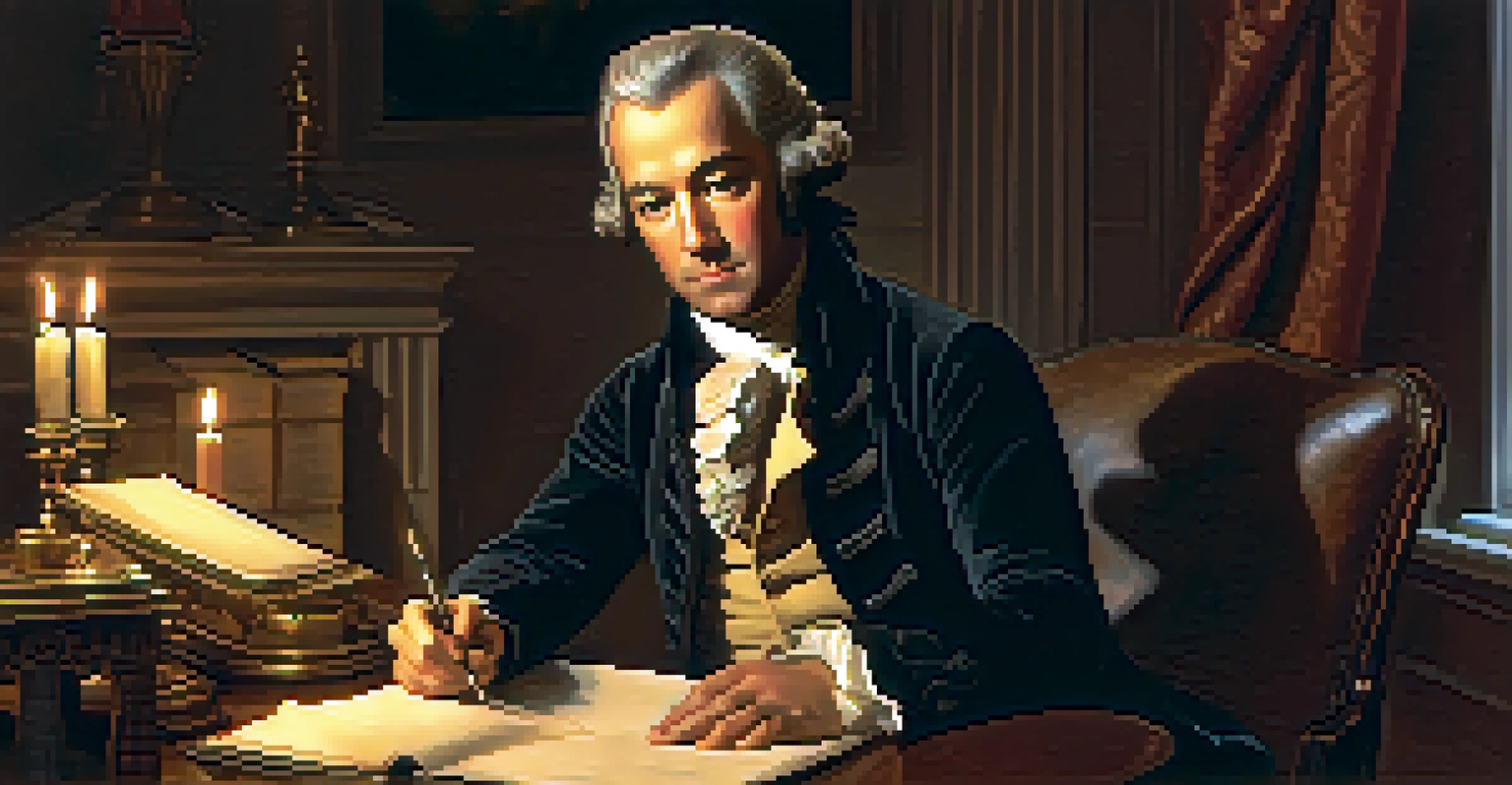 A portrait of Alexander Hamilton writing at a desk in a dimly lit room, surrounded by period furniture and candlelight.