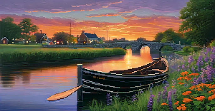 A picturesque sunset over the Erie Canal, with a boat on the water and greenery surrounding the banks.