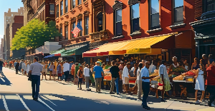 A busy street in New York City with diverse people, brownstone buildings, and a colorful mural in the background.