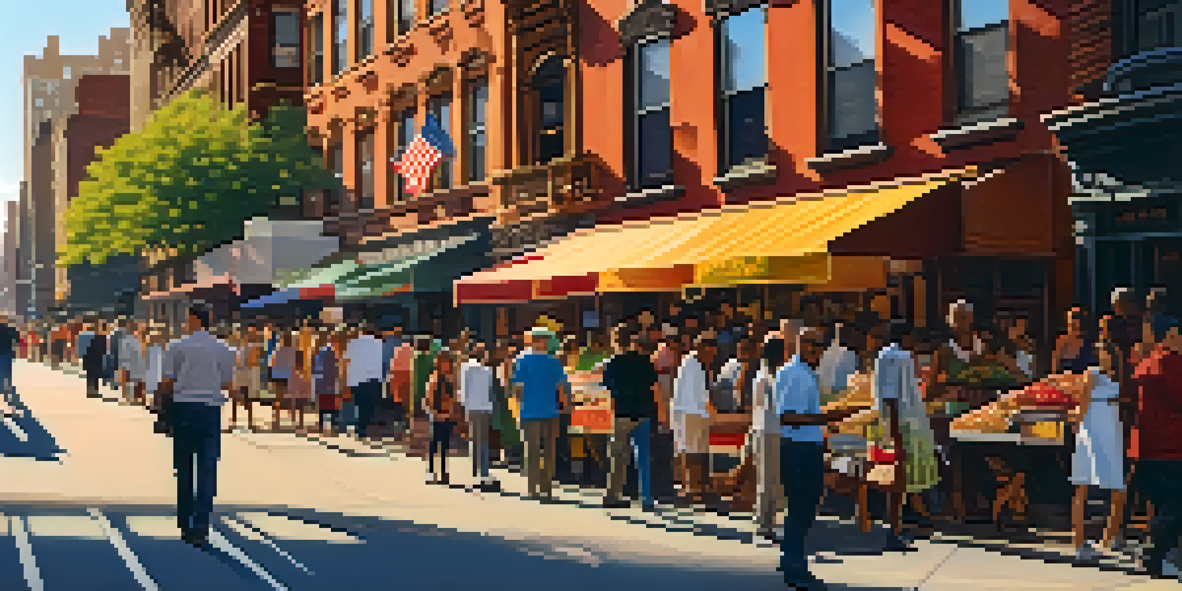 A busy street in New York City with diverse people, brownstone buildings, and a colorful mural in the background.