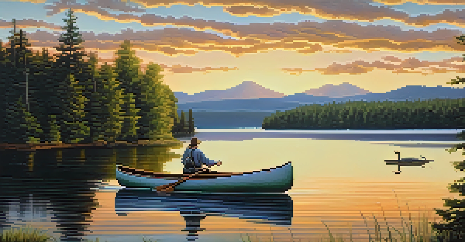 A serene canoe on the calm waters of Saranac Lake Chain, with a heron by the shore and a sunset in the background.