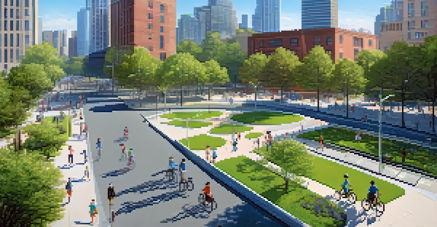 An aerial view of a city with bike lanes, pedestrian paths, and a park filled with people walking and cycling.
