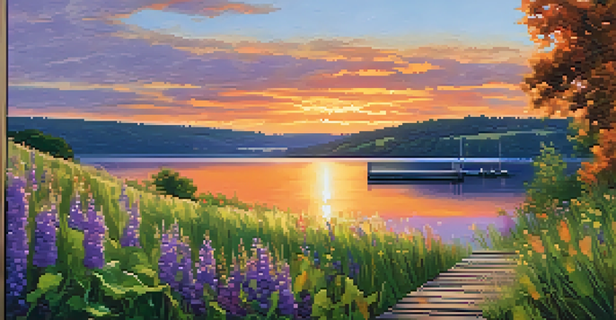 A picturesque sunset over Seneca Lake with a wooden dock in the foreground, surrounded by grass and wildflowers, and hills with vineyards in the background.