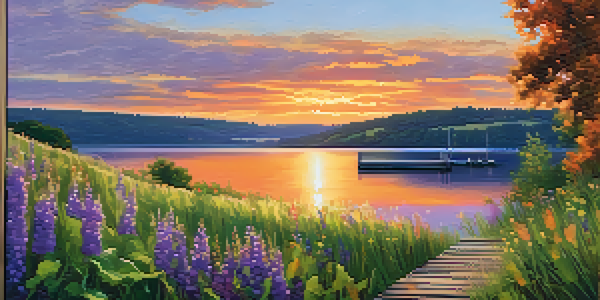 A picturesque sunset over Seneca Lake with a wooden dock in the foreground, surrounded by grass and wildflowers, and hills with vineyards in the background.