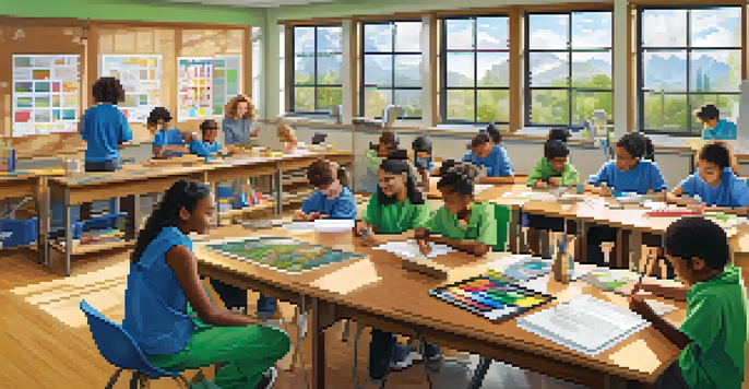 A bright classroom filled with diverse students collaborating on a STEM project, surrounded by educational materials and natural light.