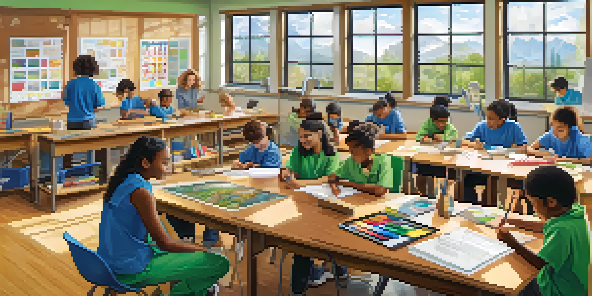 A bright classroom filled with diverse students collaborating on a STEM project, surrounded by educational materials and natural light.