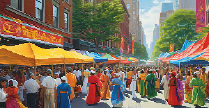 A lively street festival in New York City, featuring colorful banners and people in traditional costumes, with food stalls and music in the background.