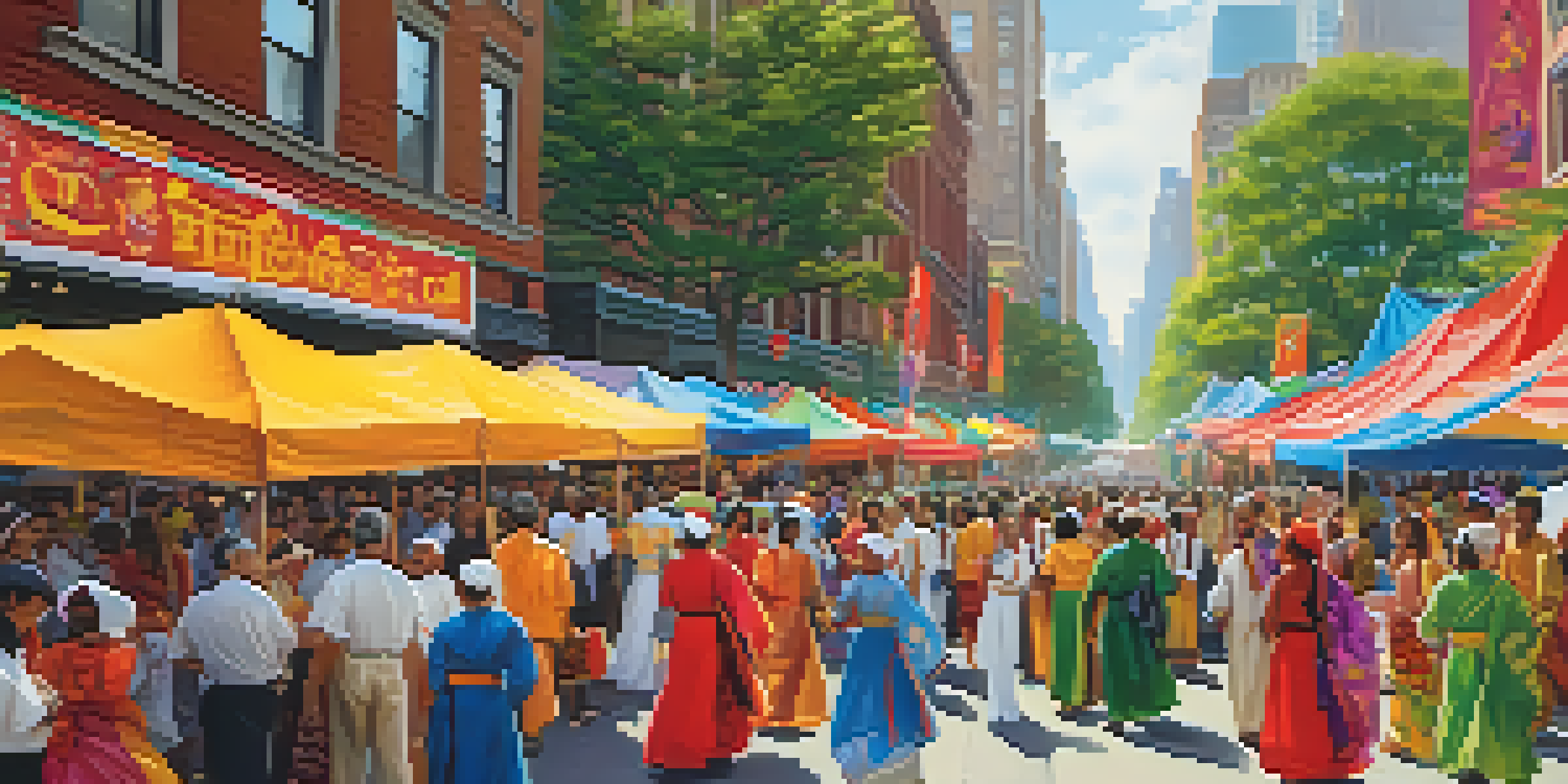 A lively street festival in New York City, featuring colorful banners and people in traditional costumes, with food stalls and music in the background.