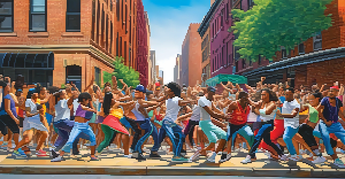 A lively urban street in New York with dancers performing hip-hop, surrounded by colorful graffiti and cheering spectators.