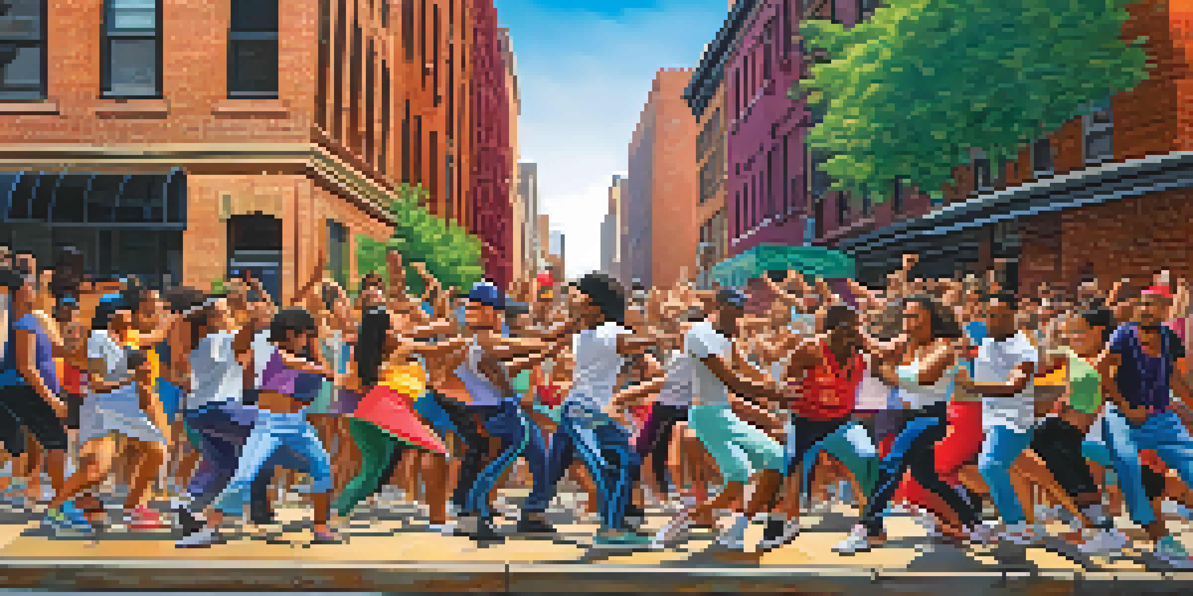 A lively urban street in New York with dancers performing hip-hop, surrounded by colorful graffiti and cheering spectators.