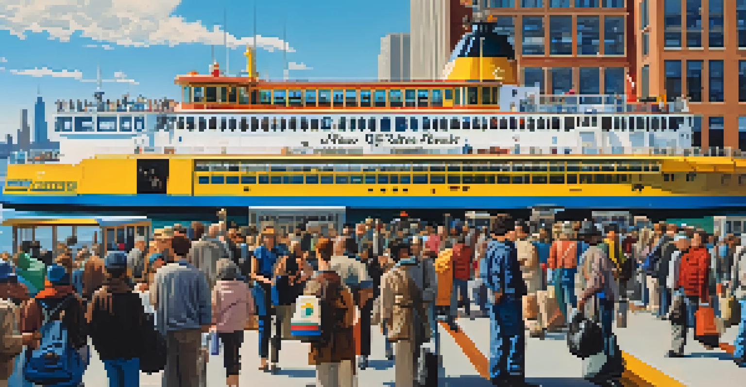 A busy ferry terminal in New York with commuters boarding a ferry and a clear blue sky.