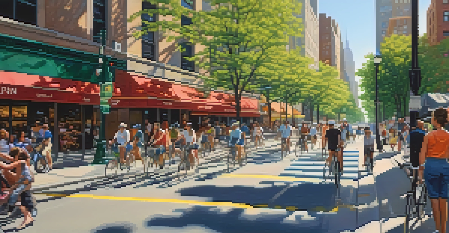 A busy street in New York City with cyclists in bike lanes and pedestrians on sidewalks, surrounded by trees under bright sunlight.