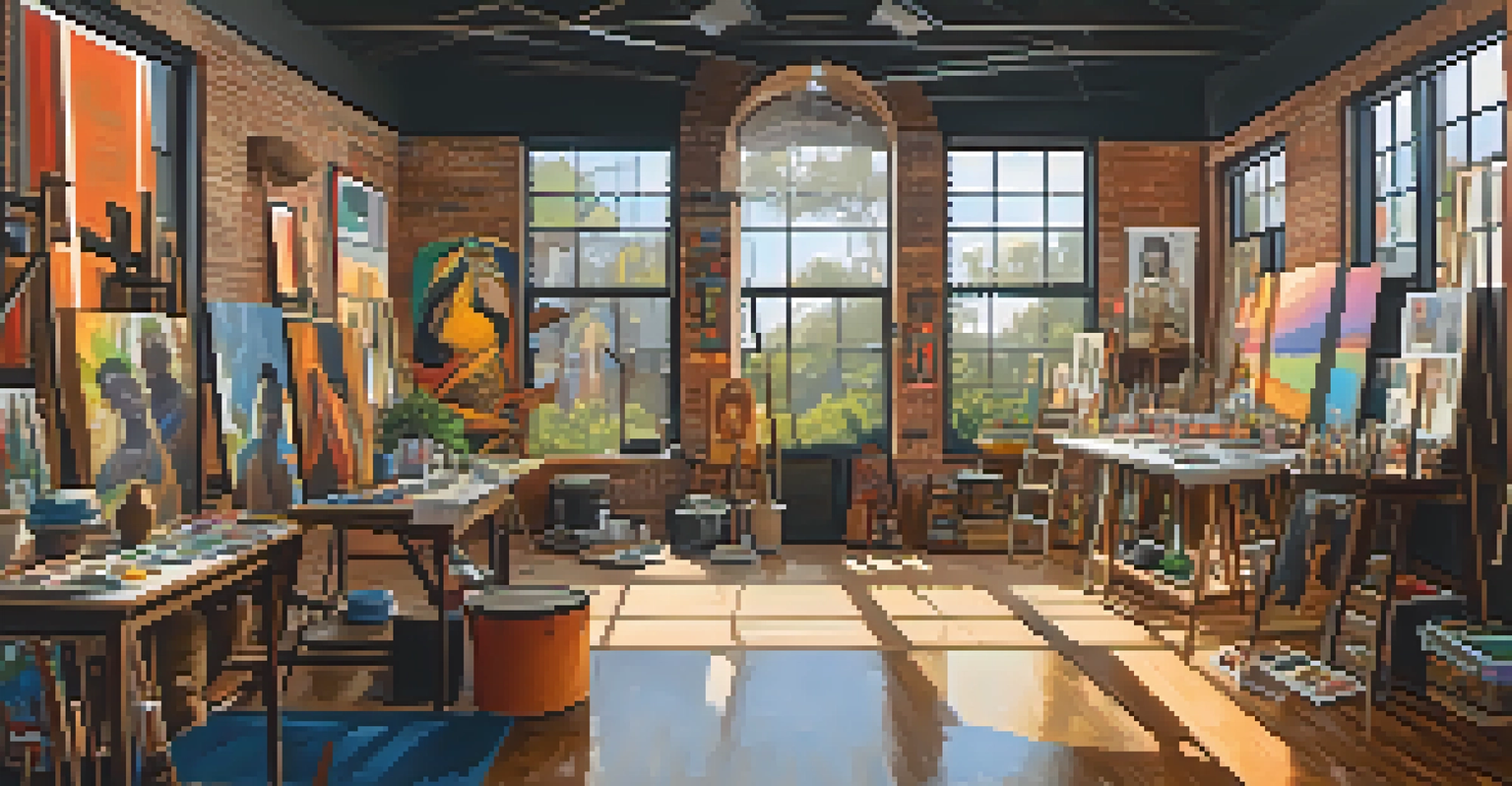 An art studio with African American artists creating vibrant paintings inspired by African heritage, filled with natural light.