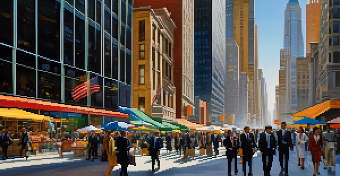 A busy New York City street with diverse professionals in business attire walking among skyscrapers and street vendors.