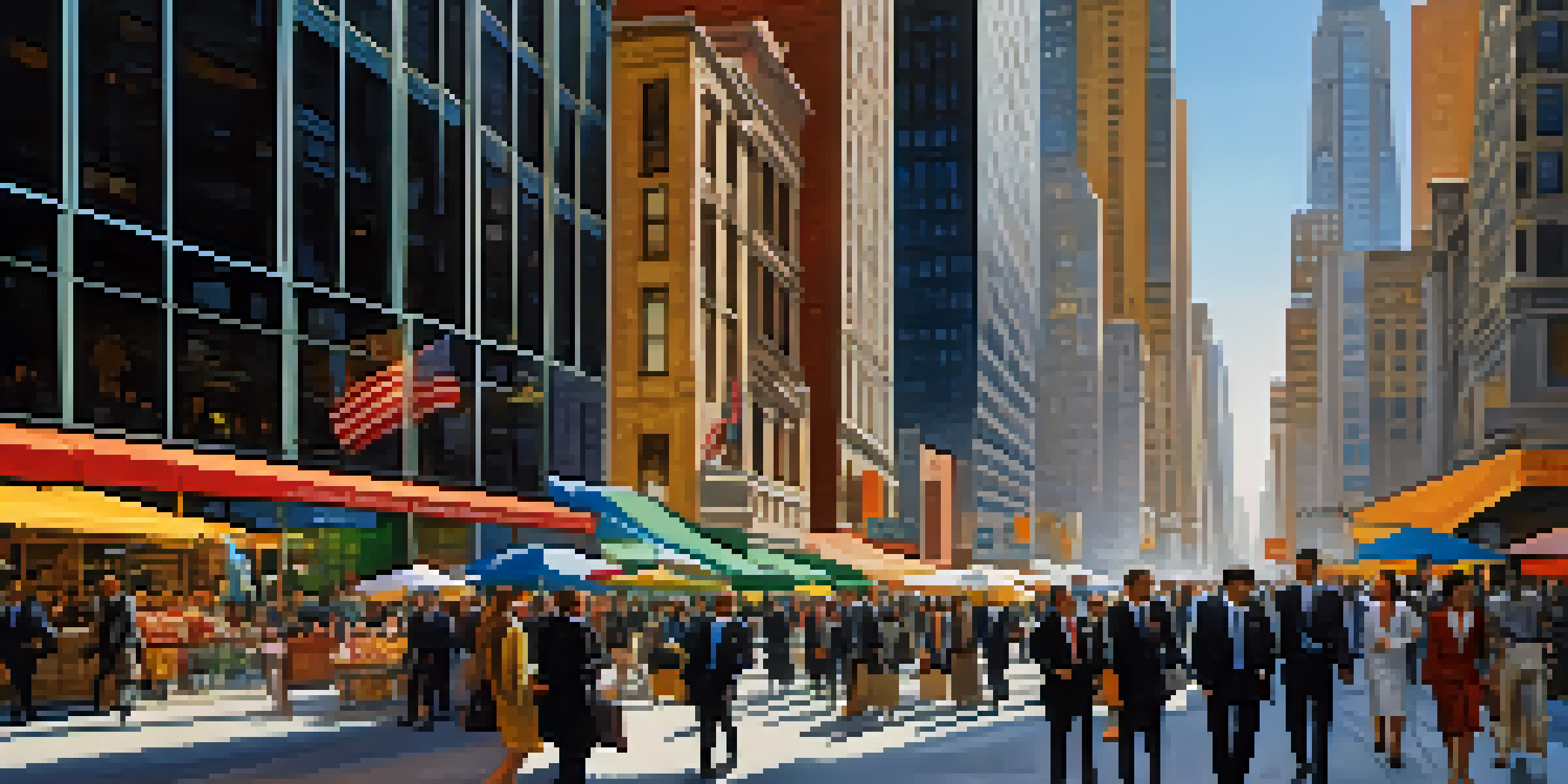 A busy New York City street with diverse professionals in business attire walking among skyscrapers and street vendors.