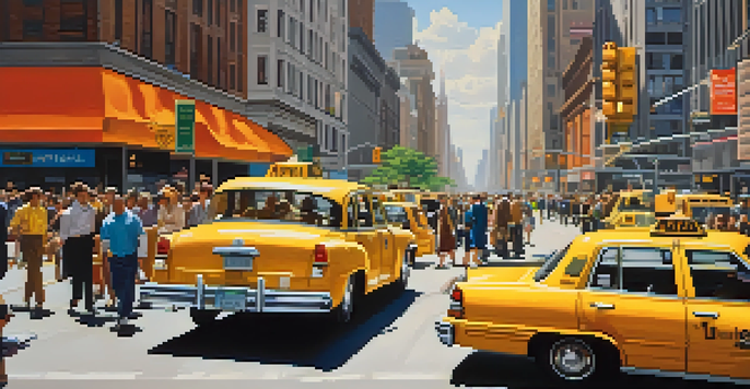 A busy street in New York City filled with people, taxis, and tall buildings under a blue sky.