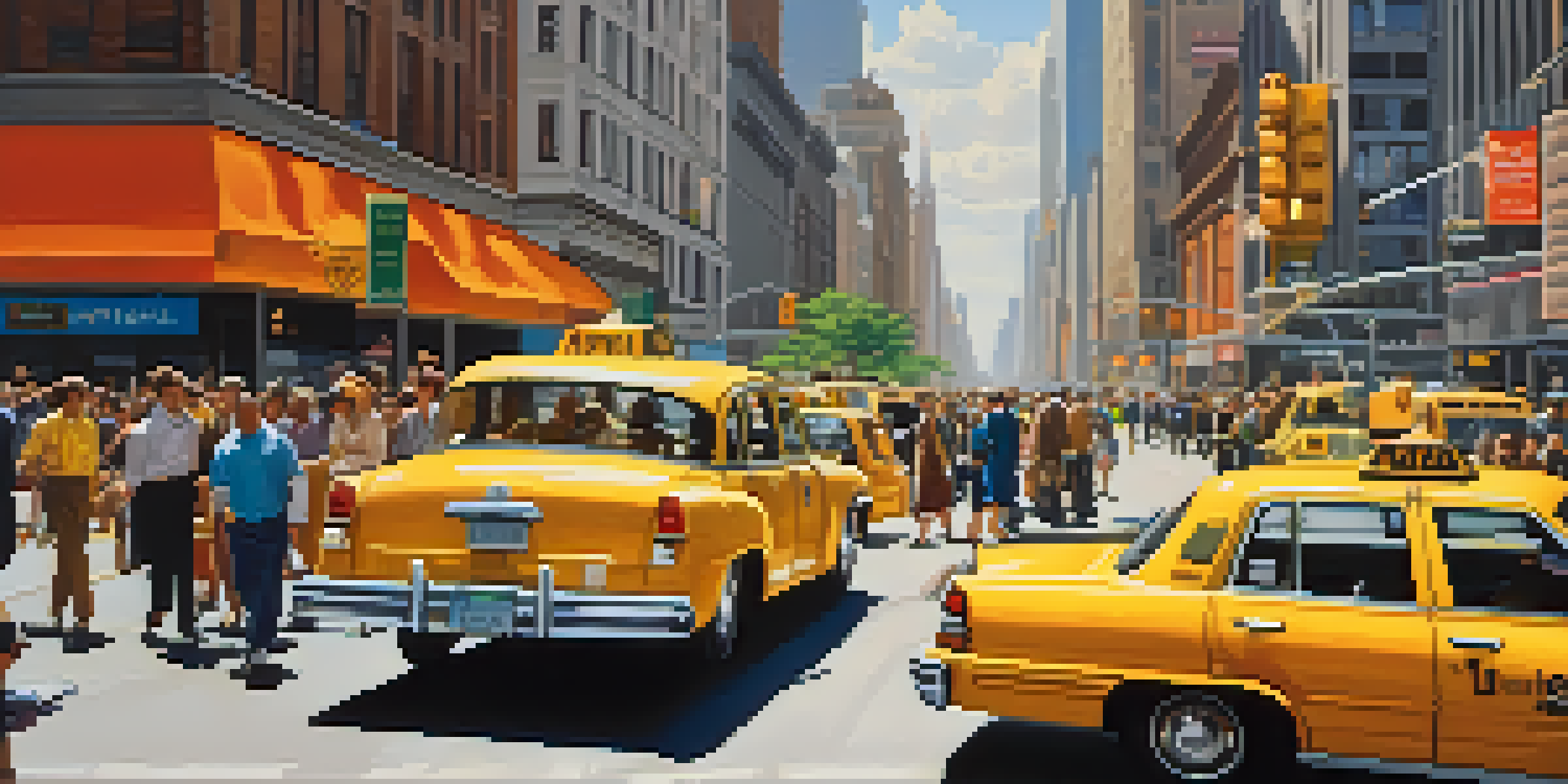 A busy street in New York City filled with people, taxis, and tall buildings under a blue sky.