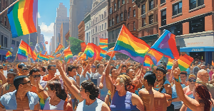 Participants in the NYC Pride March celebrating with rainbow colors, dancing in a lively Manhattan street filled with colorful banners and flags.