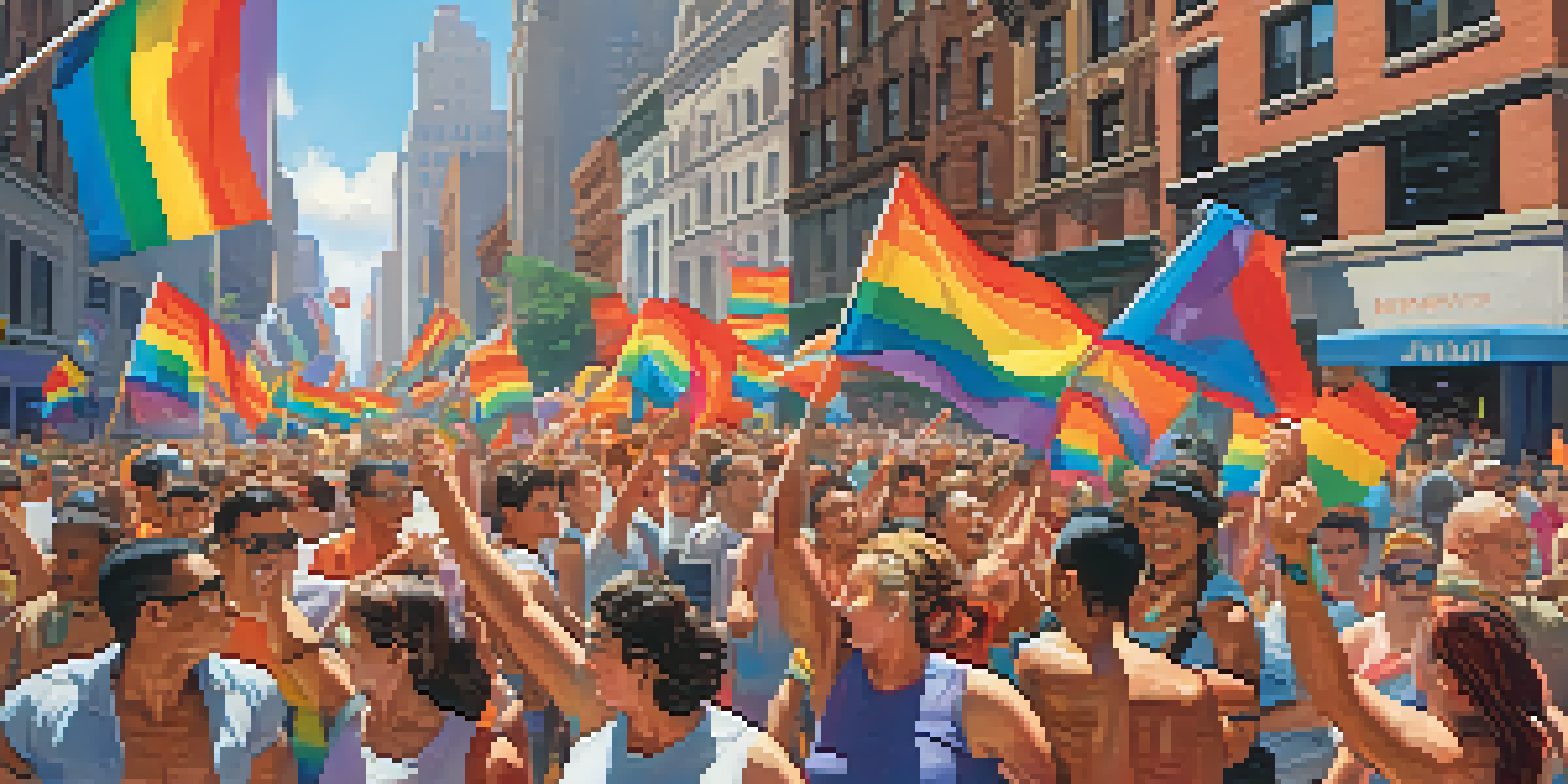 Participants in the NYC Pride March celebrating with rainbow colors, dancing in a lively Manhattan street filled with colorful banners and flags.