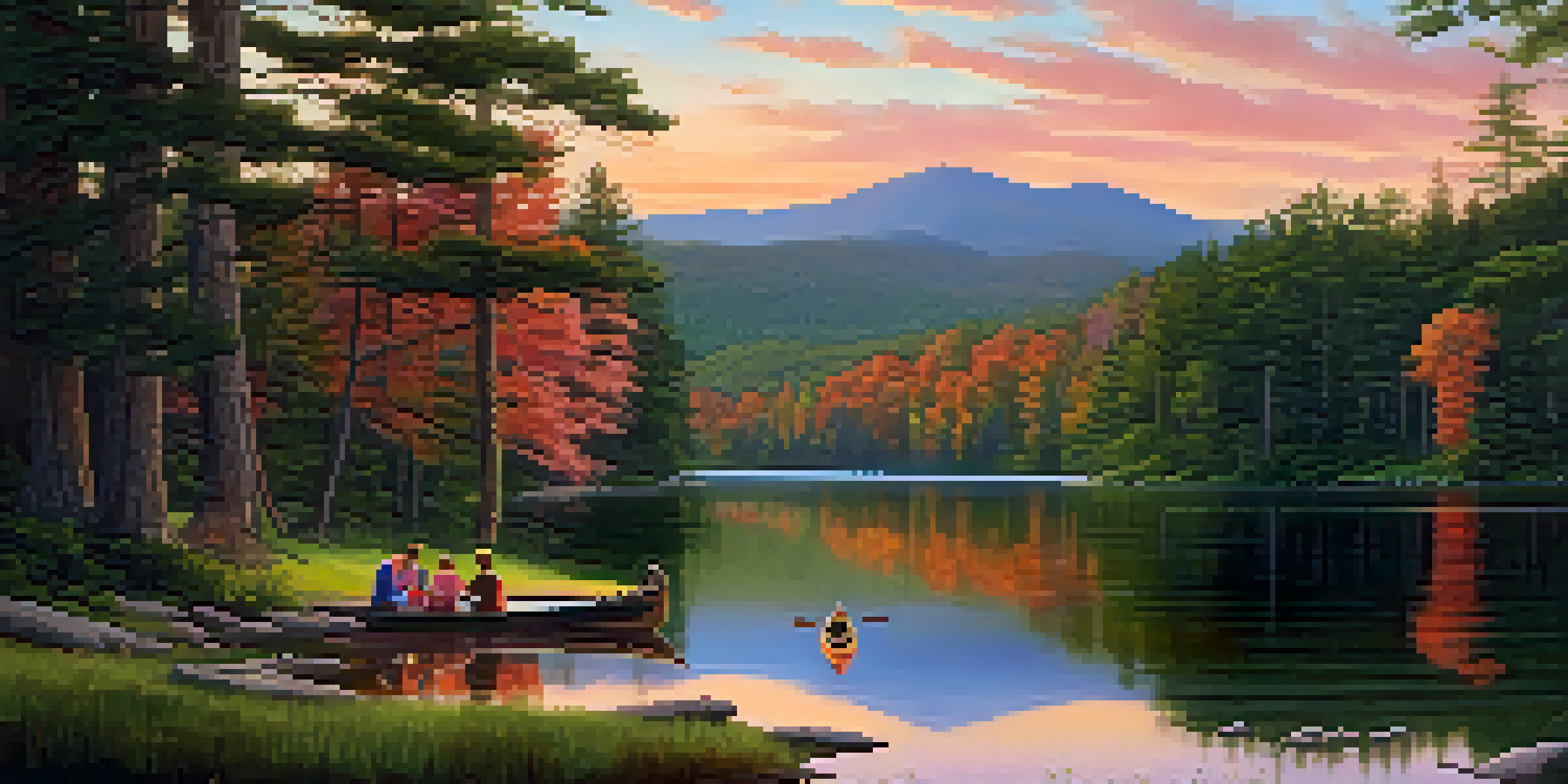 A tranquil scene of the Adirondack Mountains at sunset with a family having a picnic by a calm lake, surrounded by lush greenery.