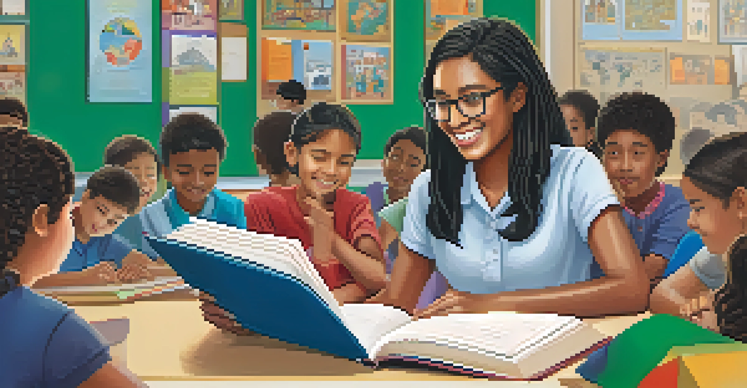 A teacher showing a book with cultural illustrations to attentive students in a colorful, diverse classroom filled with educational materials.