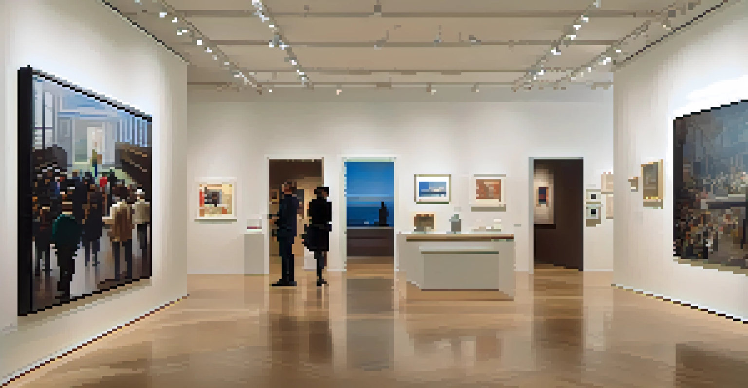 An interior of a modern art gallery in New York showcasing various contemporary artworks with visitors engaging with the exhibits.