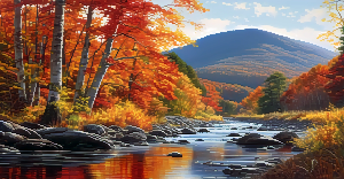 A picturesque view of the Catskill Mountains in autumn with colorful trees and a river reflecting the landscape.