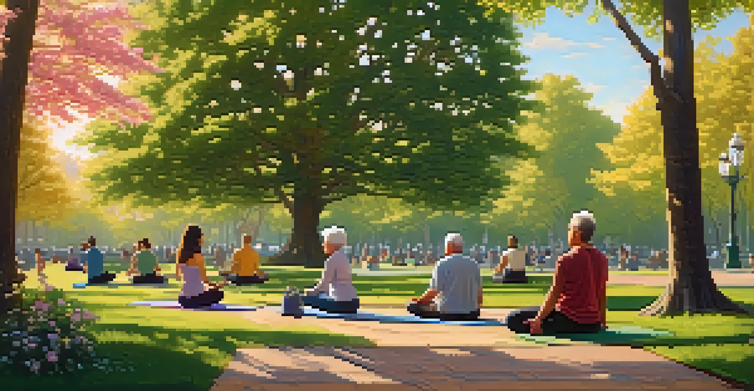 A peaceful park in New York with an older couple sitting on a bench and young adults practicing yoga on the grass.