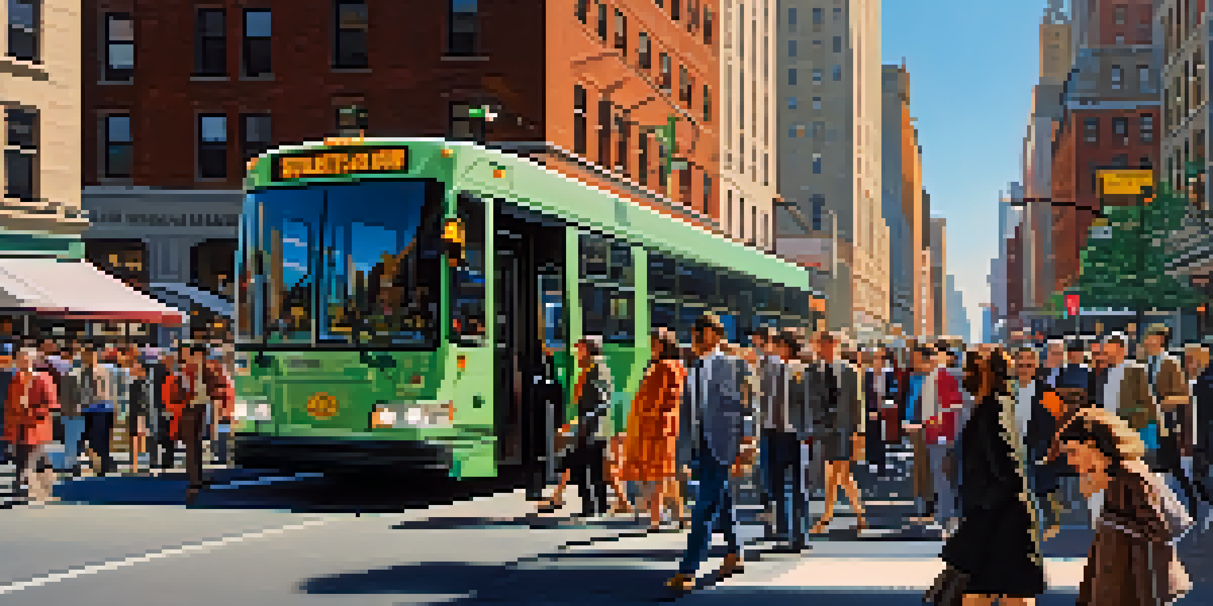 A busy New York City street with electric buses, bicycles, and pedestrians during rush hour, featuring colorful storefronts and smart traffic signals.