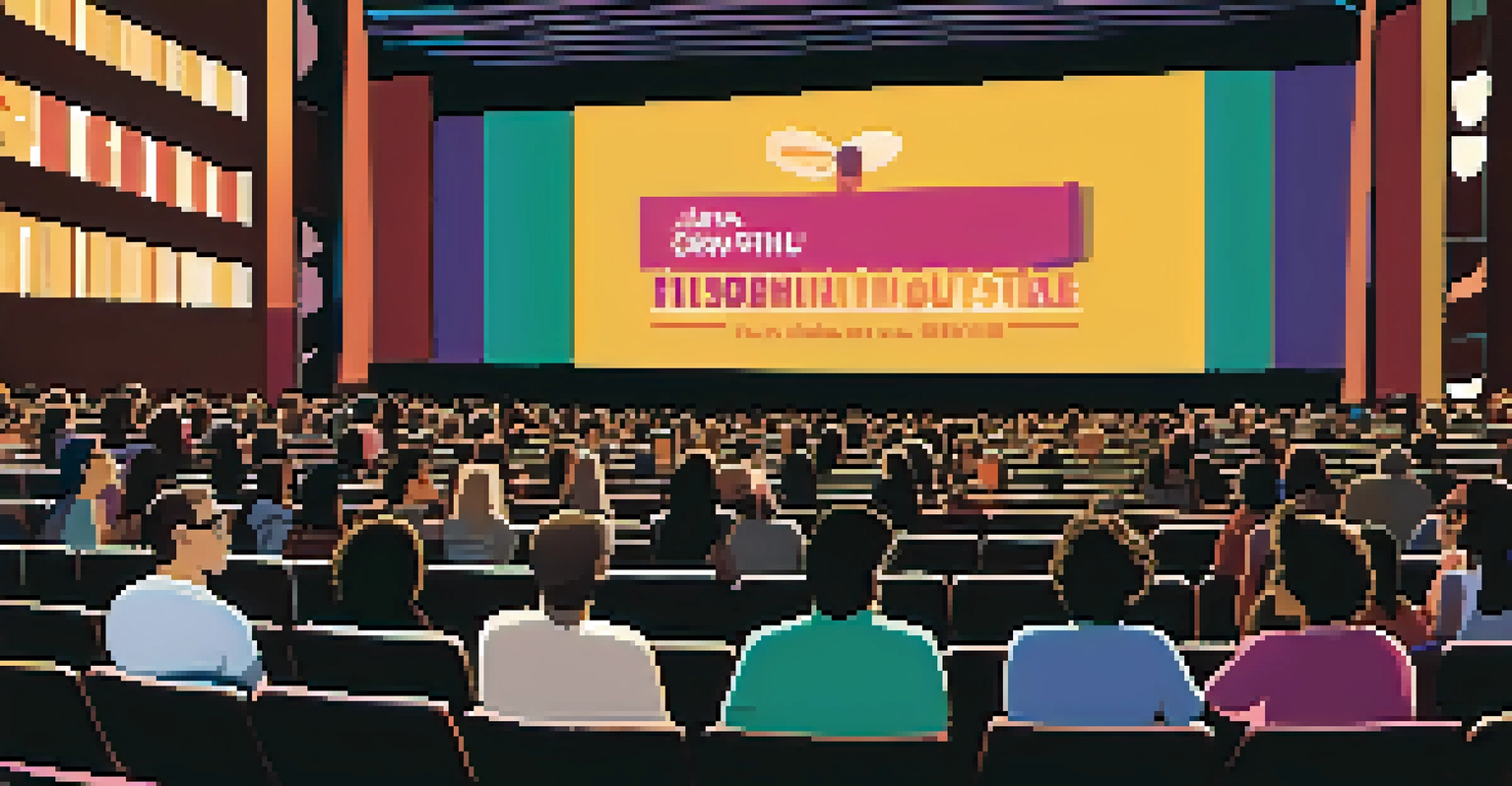 A film festival setting in New York, with filmmakers discussing on stage and colorful banners in the background.