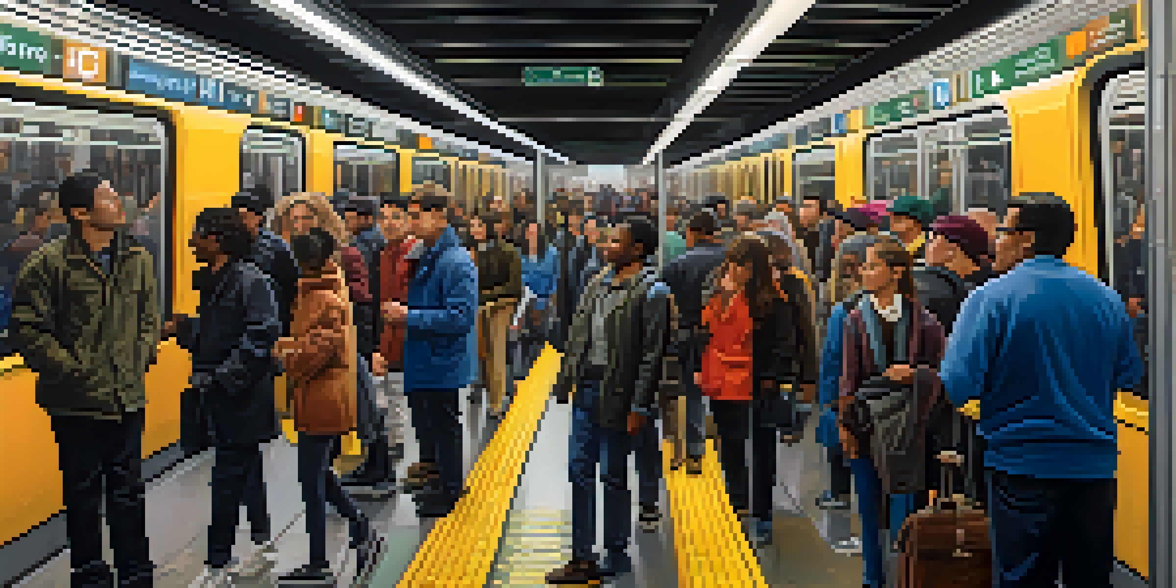 A busy subway station in New York City with people using accessibility features like elevators and ramps, emphasizing inclusivity.