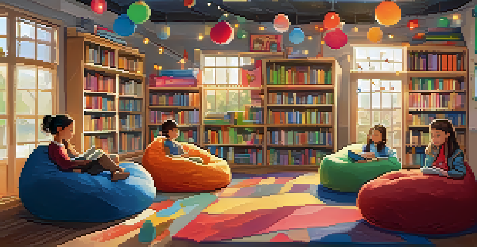 A teacher reading to students in a cozy, colorful reading nook filled with books and bean bags.