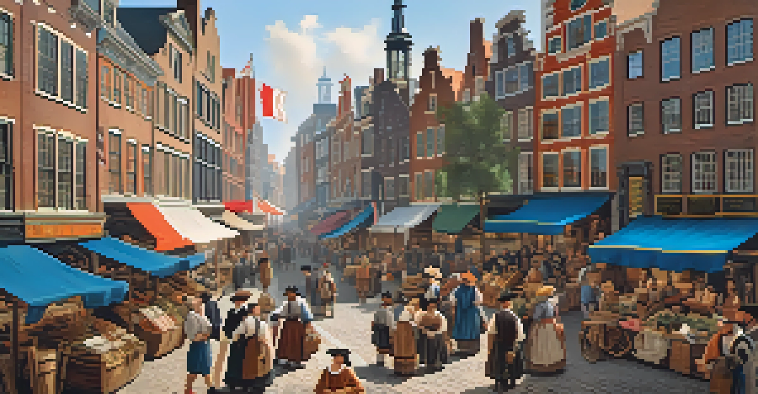 A lively 17th-century New Amsterdam marketplace with merchants, diverse people, and ships in the harbor under a blue sky.