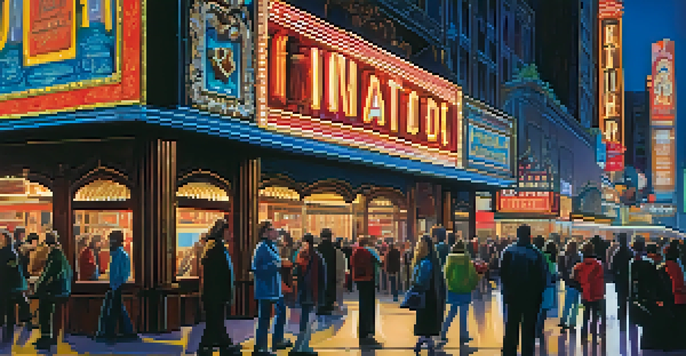 A lively nighttime scene on Broadway with bright neon lights and a crowd in front of a theater.