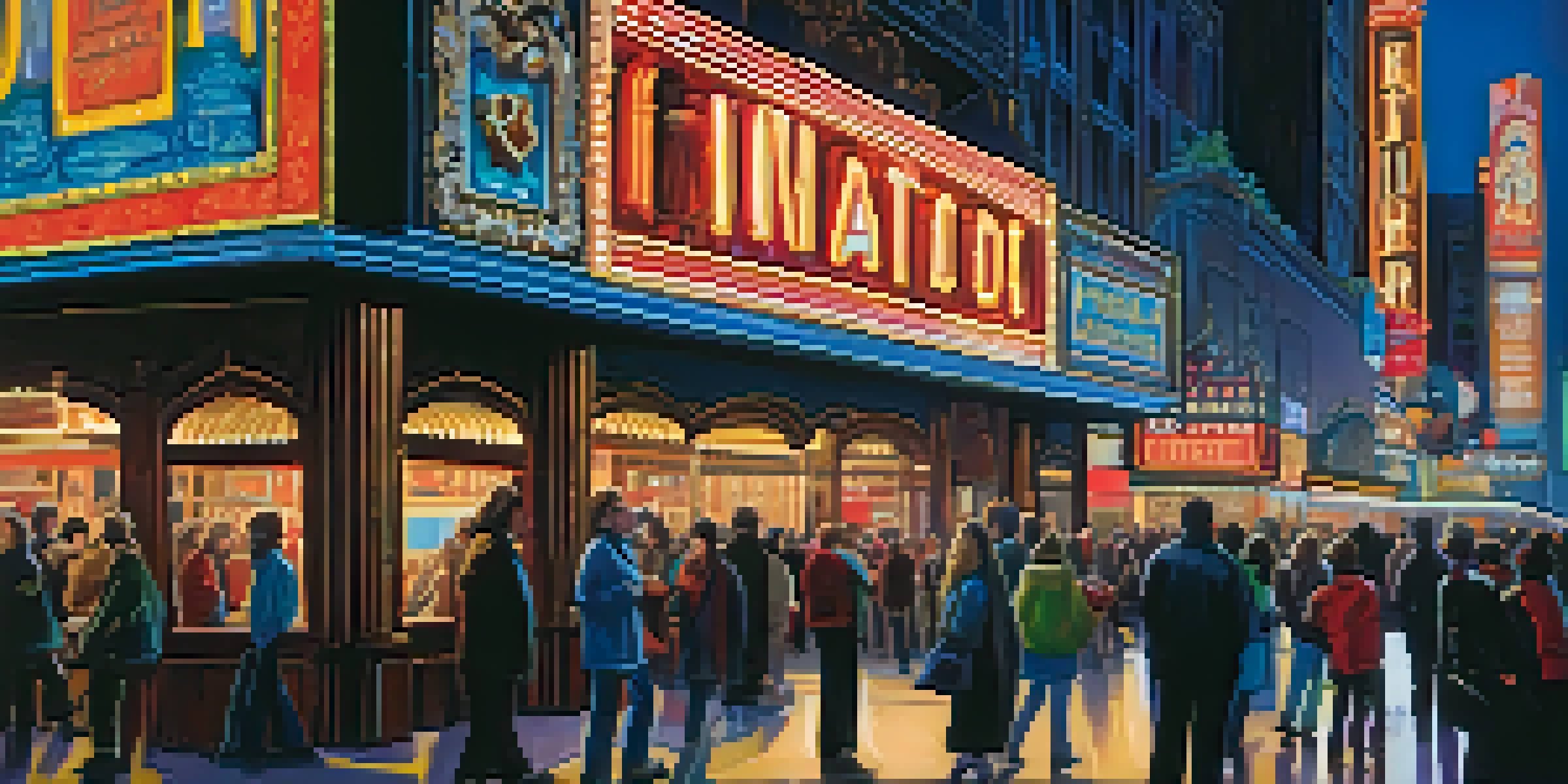 A lively nighttime scene on Broadway with bright neon lights and a crowd in front of a theater.