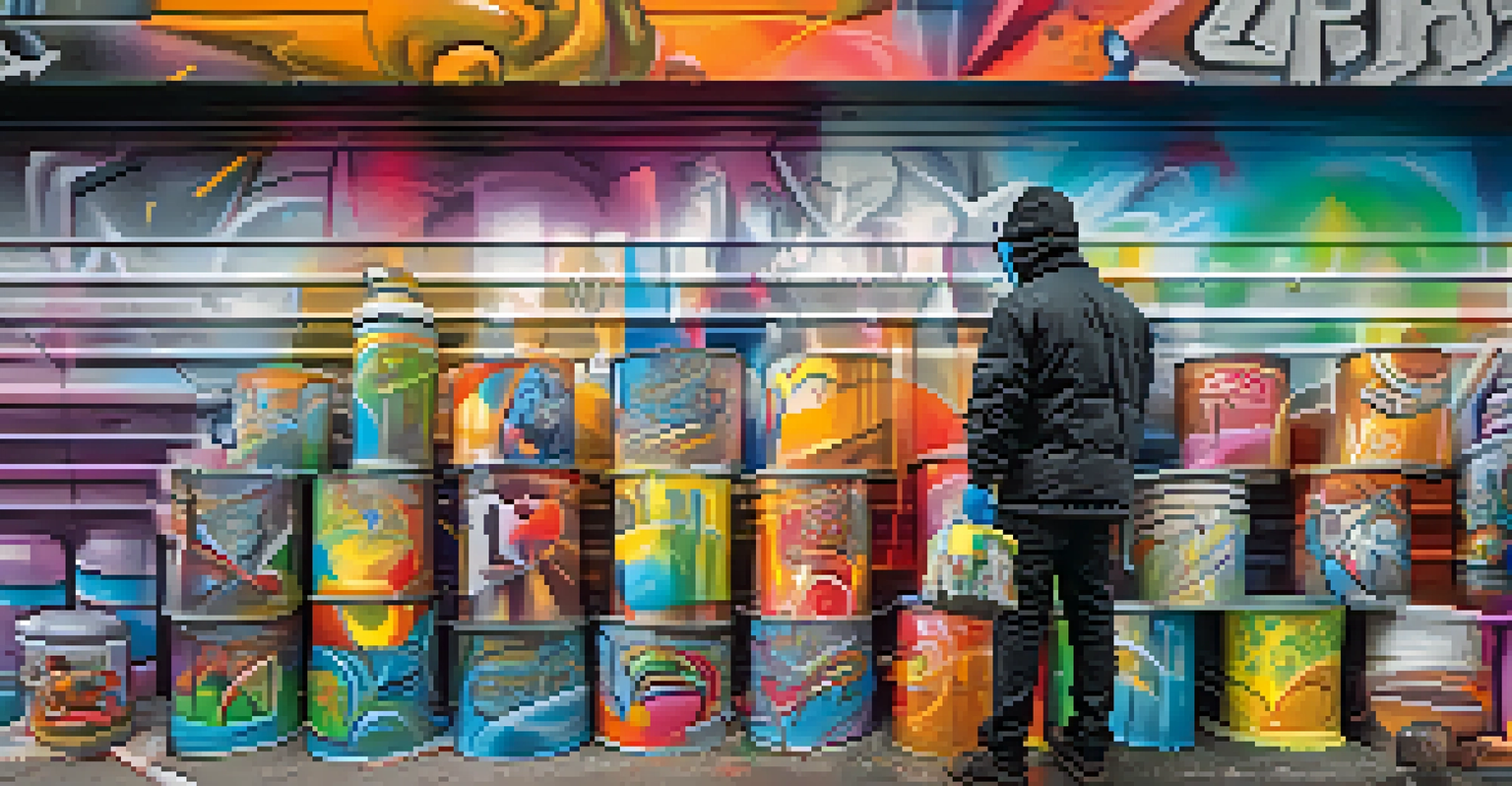 A graffiti artist spray painting a wall, surrounded by colorful spray paint cans in an urban setting.