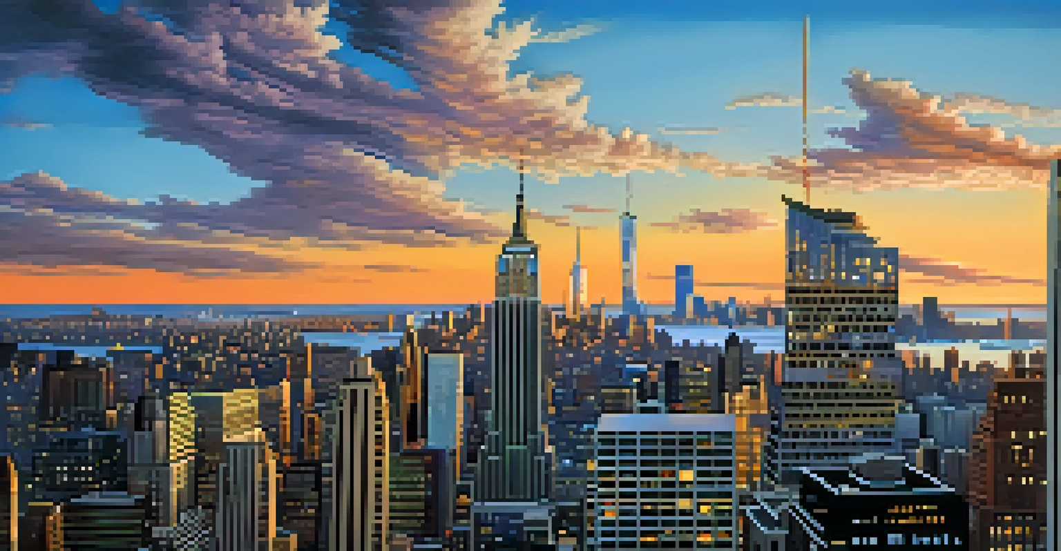 Aerial view of New York City's skyline at twilight, featuring iconic buildings and bustling streets filled with lights.