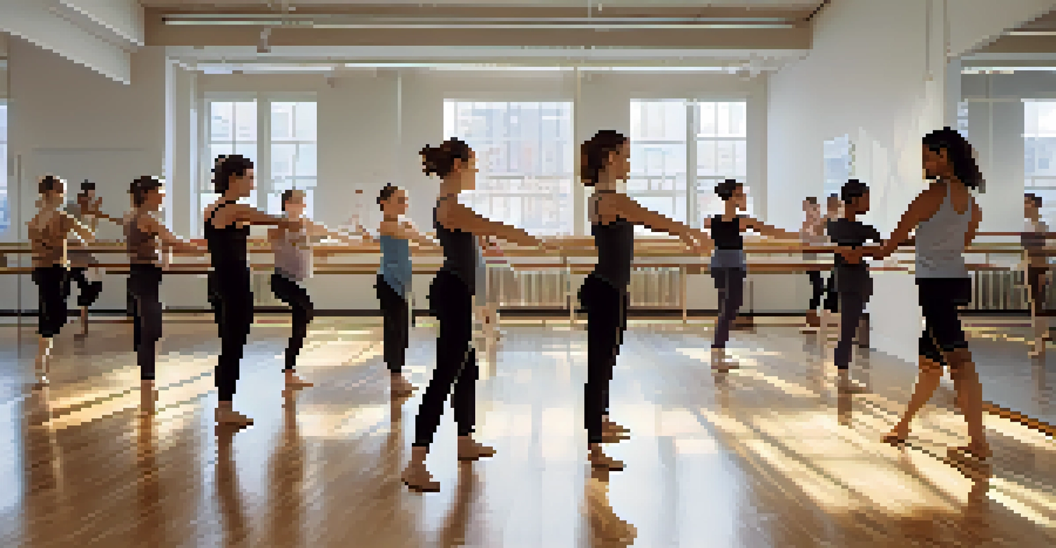 A dance studio with diverse dancers practicing modern dance under the guidance of a choreographer, with mirrors and natural light.