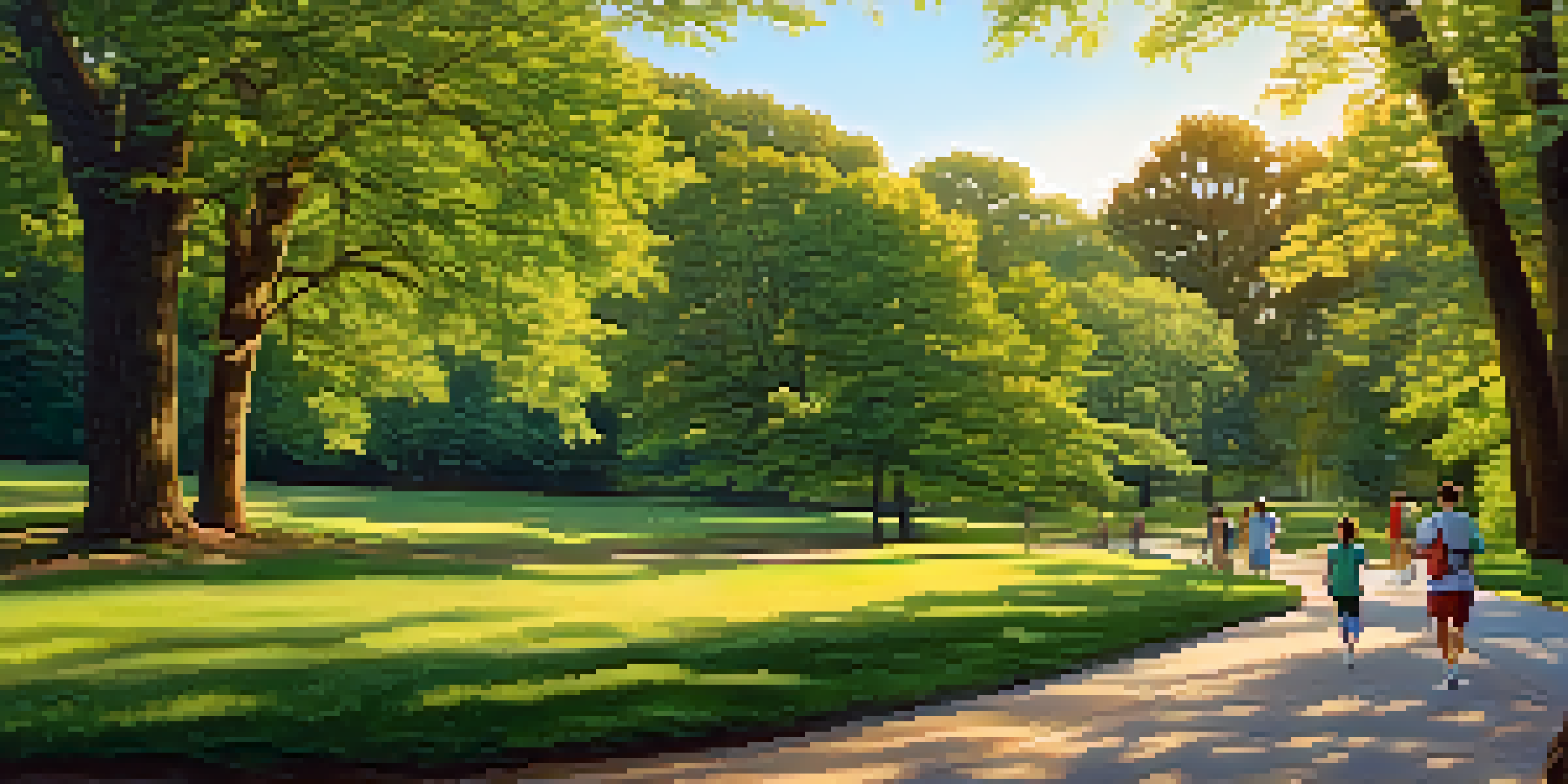 A tranquil park in New York State with a walking path, greenery, and people walking and jogging during golden hour.